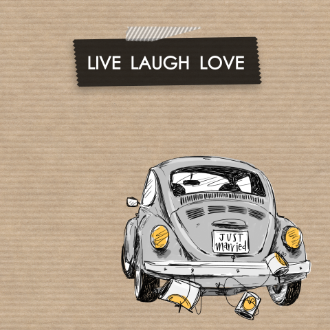 Just married kaart met de tekst live, laugh en love