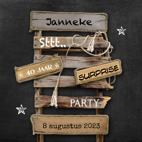 Stoere surprise party uitnodiging met bruine wegwijzer