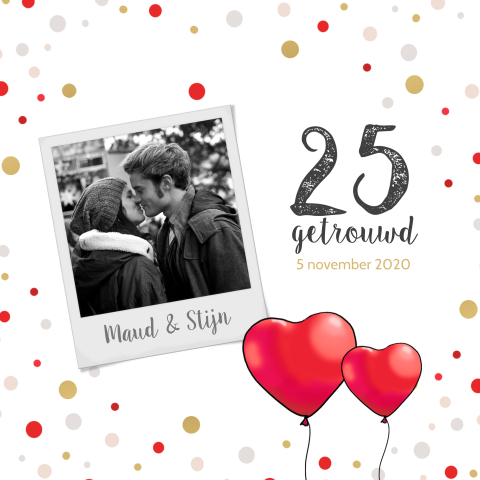 Hippe jubileumkaart met confetti voor 25 jarig huwelijk