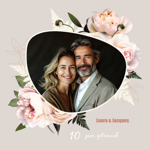 Jubileumkaart roze rozen fotokader - 10 jaar getrouwd