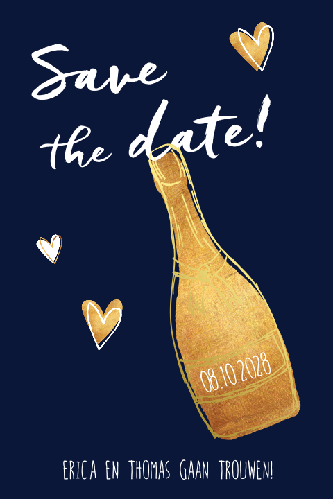 Save the date kaart champagne hartjes