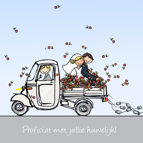 Felicitatiekaart huwelijk met een witte Piaggio Ape