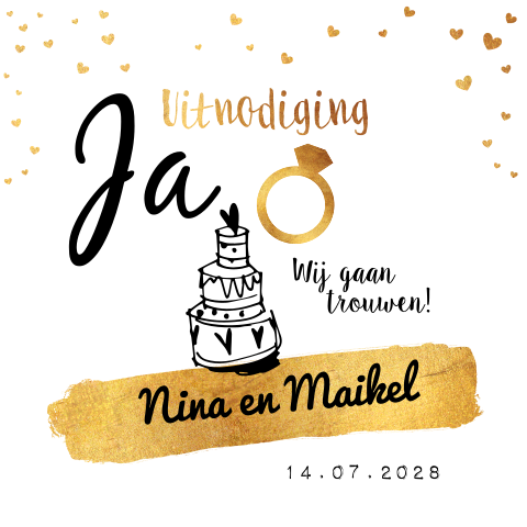 Witte en gouden trouwkaart met taart