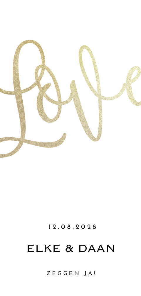 Trouwkaart love goudlook typografie
