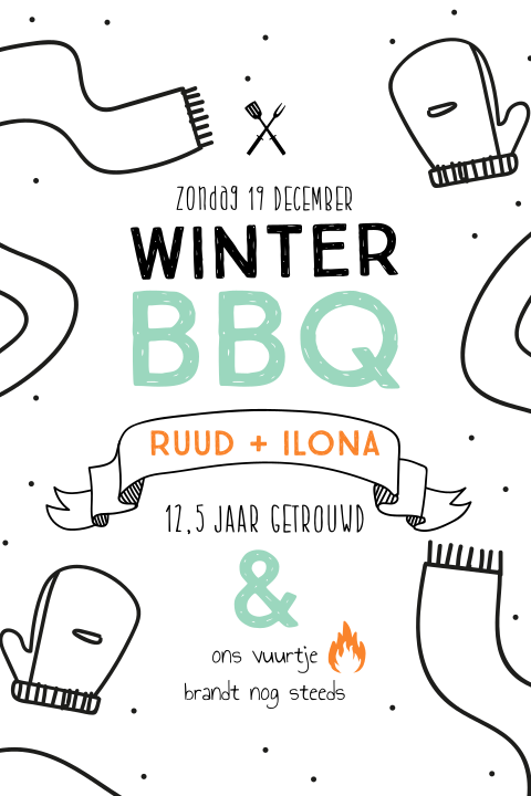 Winter bbq uitnodiging met vuurtje, wanten en sjaal
