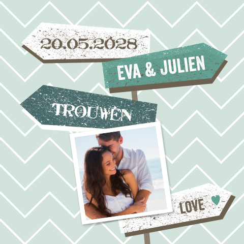 Trouwkaart met turquoise wegwijzer