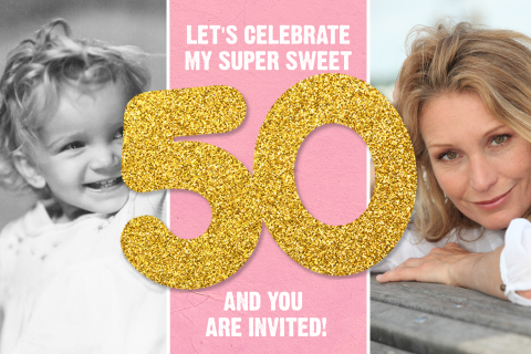 Uitnodiging Sarah met gouden glitter op kraft