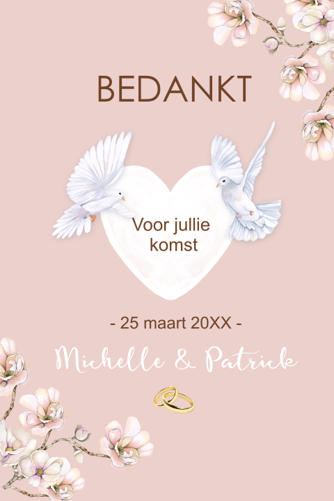 Bedankt trouwen witte duiven hart met bloesemtakken