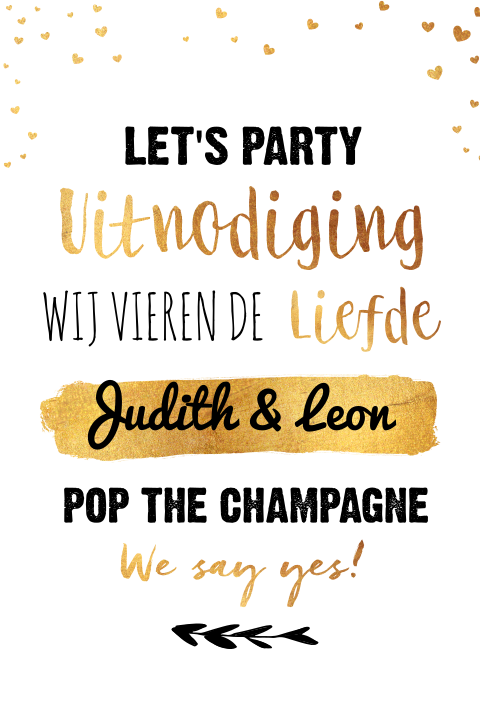 Witte en gouden trouwkaart met champagne