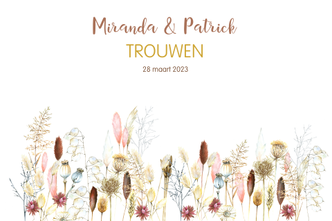 Trouwkaart met droogbloemen en pampusgras