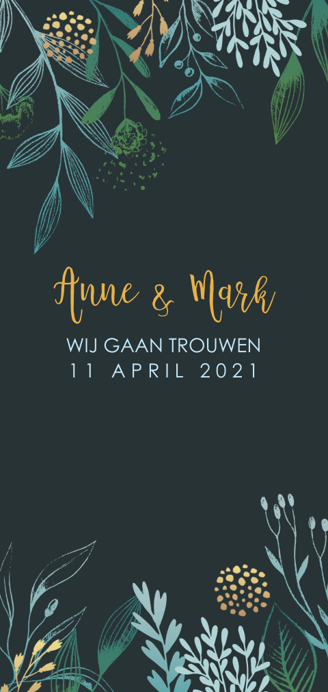 Trouwkaart in botanische stijl en turquoise kleuren