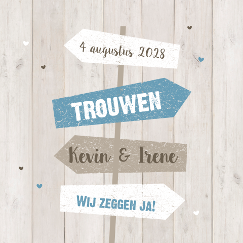 Trouwkaart met wegwijzer hartjes en houtlook