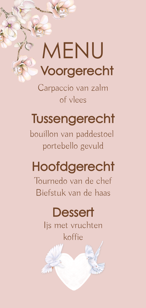 Menu trouwen witte duiven hart bloesemtakken