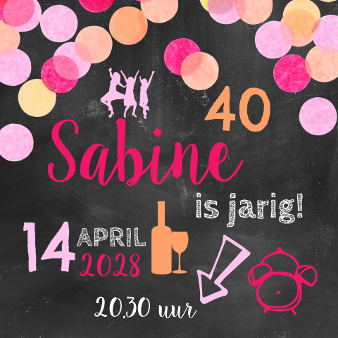 Confetti uitnodiging op krijtbord voor een 40e verjaardag