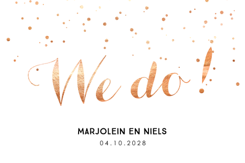 Trouwkaart met koperkleur confetti en we do
