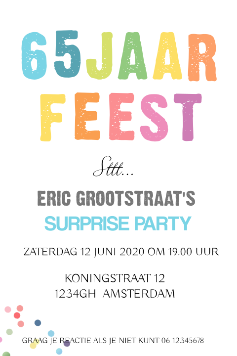 Surpriseparty uitnodiging 65 jaar met vrolijke twist