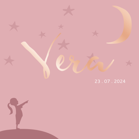Geboortekaartje voor meisje met silhouet van een meisje en rosé goudfo