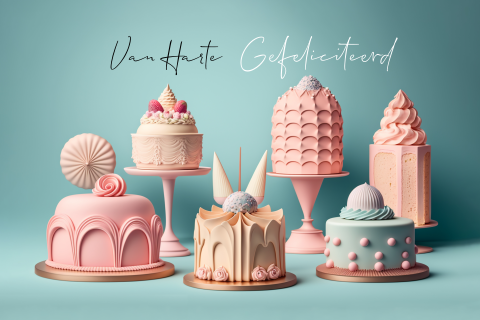 Felicitatiekaart met hippe taartjes in blauw roze tinten