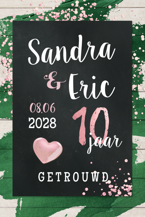 Uitnodiging 10 jaar getrouwd met hout groen en krijt