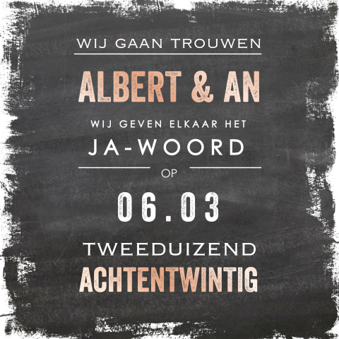 Trouwkaart met krijtbord achtergrond en stoere lettertypes