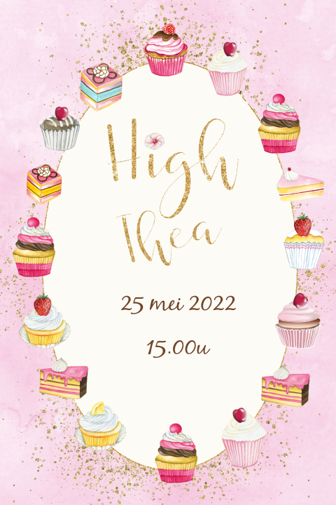 Uitnodiging voor een high tea met verschillende gebakjes