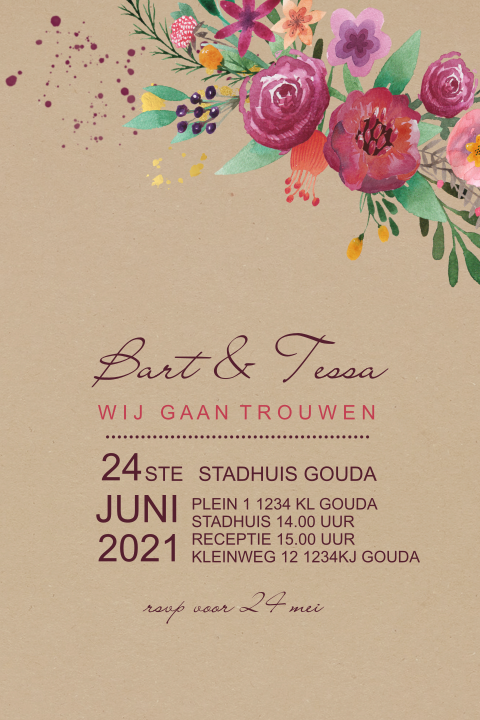 Trouwkaart met kleurrijke bloemen en kraftlook achtergrond