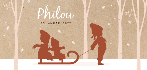 Silhouet geboortekaartje 3e kindje zus met broertje en meisje op slee