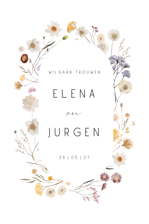 Duurzame trouwkaart met wilde bloemen in krans