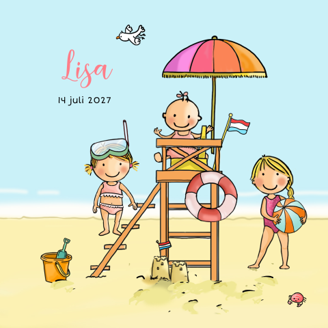 Meisjes geboortekaartje met drie kindjes op het strand