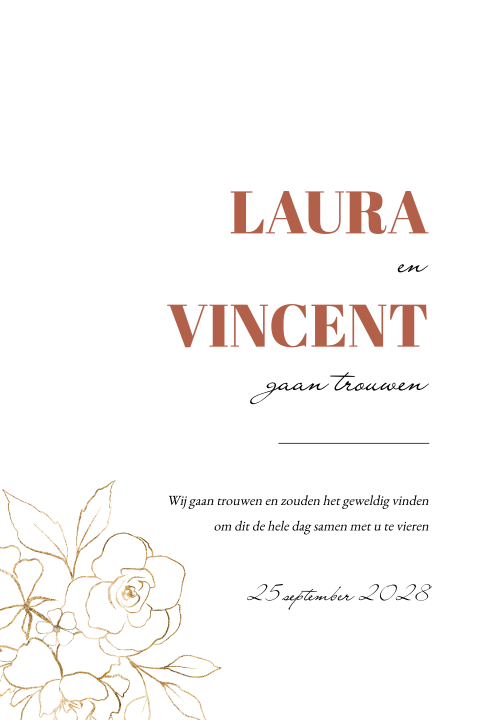 Minimalistische trouwkaart met gouden bloemen