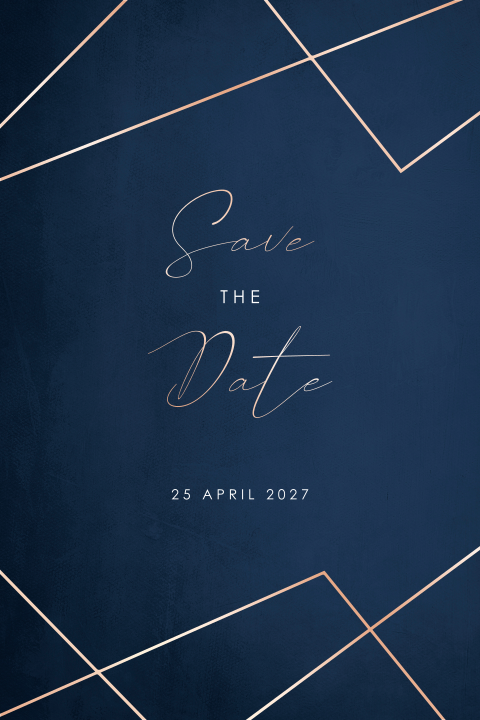 Save the date kaart donkerblauw met rosegoudfolie lijnen