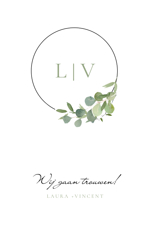 Stijlvolle trouwkaart met eucalyptus in flowerhoop