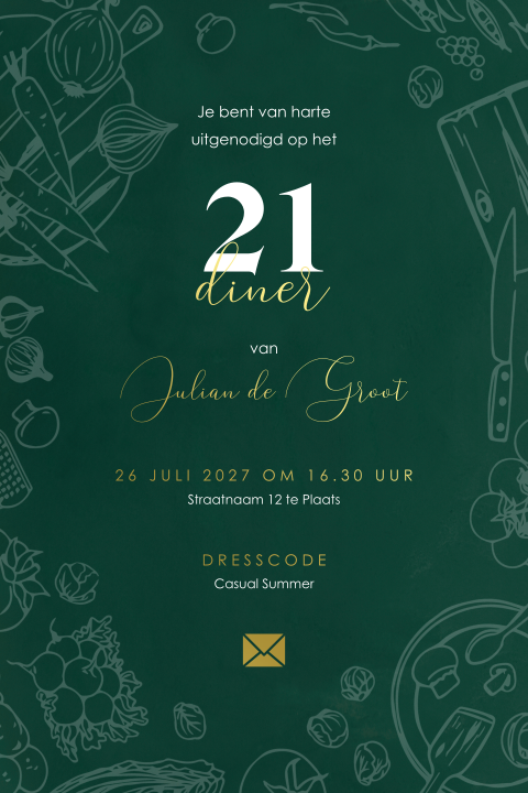 Diepgroene 21 diner uitnodiging met goudfolie