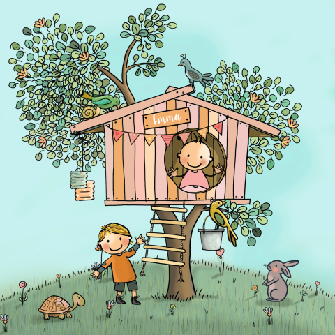 Geboortekaartje grote broer en baby zusje bij boomhut