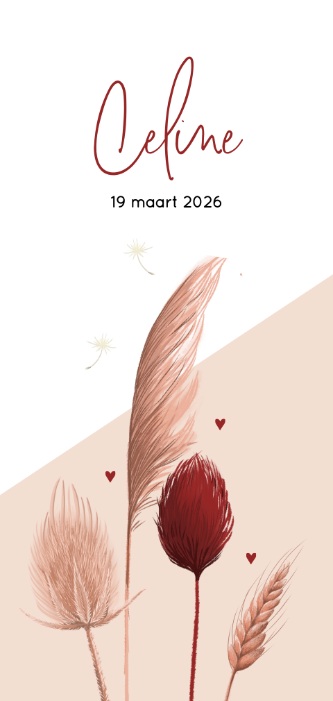 Geboortekaartje meisje met roze bloemen en pampasgras