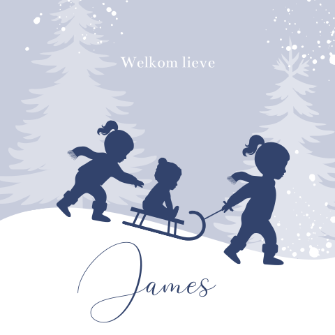 Winter geboortekaartje drie kindjes spelen in de sneeuw