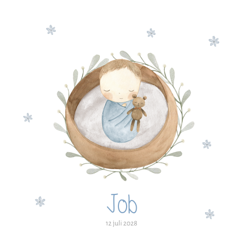 Getekend geboortekaartje met baby jongen in mandje