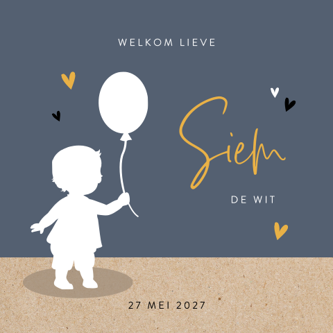 Blauw geboortekaartje met silhouet jongen met ballon