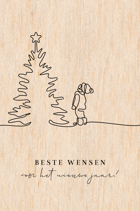Houten kerstkaart met oneline kerstboom en kindje