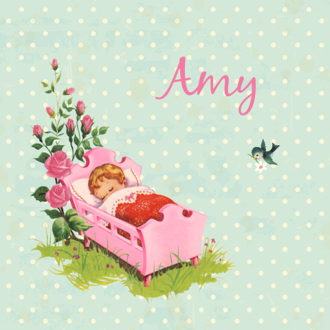 Mintgroen vintage geboortekaartje met meisje in roze wiegje