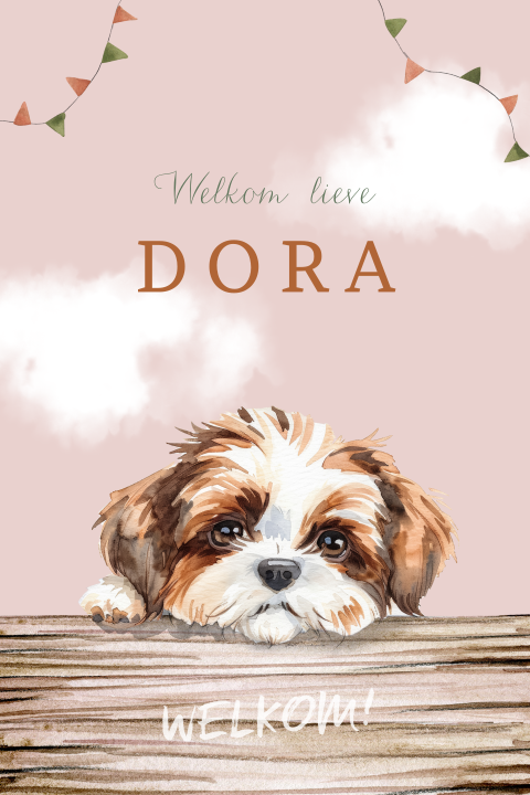 Roze geboortekaartje met hondje (Shih-Tzu)