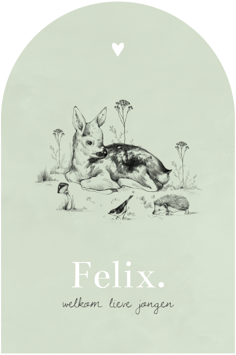 Groen geboortekaartje met lief getekend hertje