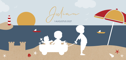 Silhouet geboortekaartje met drie broertjes op het strand