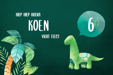 Donkergroene uitnodiging kinderfeestje met dino en bladeren