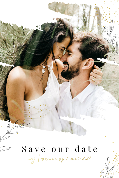 Foto save the date kaart met goudfolie spetters en blaadjes