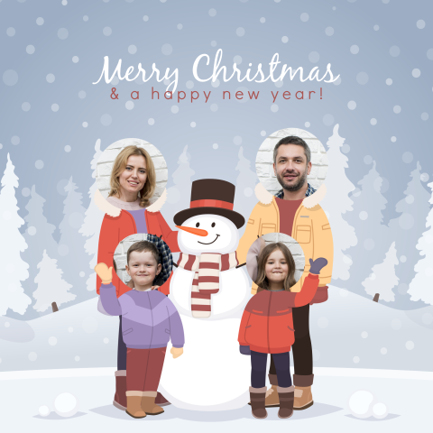 Familie foto kerstkaart met sneeuwpop