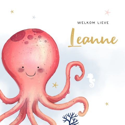 Hip geboortekaartje onderwater met roze octopus in aquarel