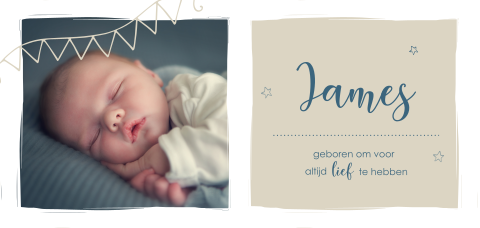 Beige foto geboortekaartje jongen met slinger en sterren