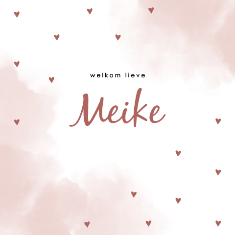Geboortekaartje meisje met hartjes en roze waterverf