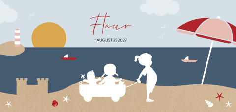 Silhouet geboortekaartje met drie zusjes op het strand